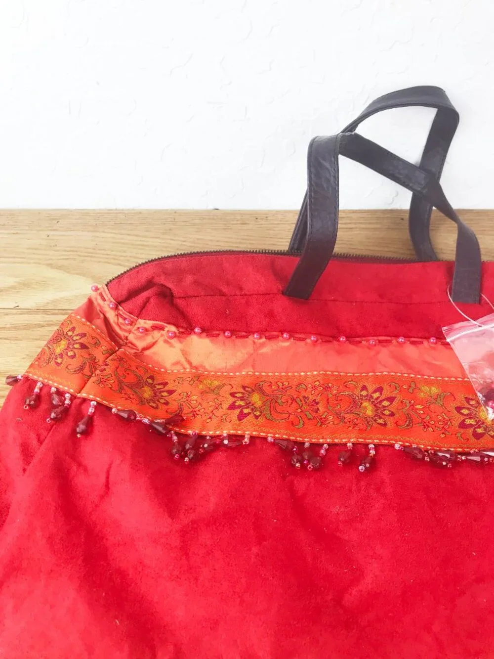 Mountain Mama's Red Suede Feel Tote Bag – Embroidered Trim Beaded Fringe